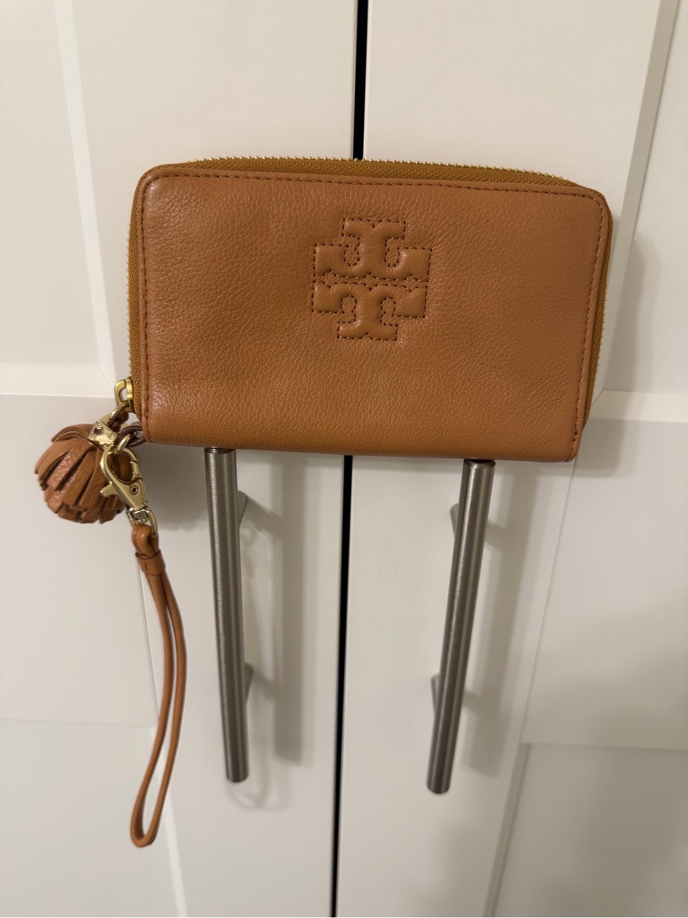 Tory Burch Cognac Leather Wristlet with Tassel